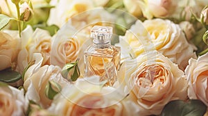 Perfume bottle in flowers, fragrance on blooming background, floral scent and cosmetic product