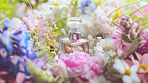 Perfume bottle in flowers, fragrance on blooming background, floral scent and cosmetic product