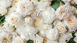 Perfume bottle in flowers, fragrance on blooming background, floral scent and cosmetic product