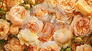 Perfume bottle in flowers, fragrance on blooming background, floral scent and cosmetic product