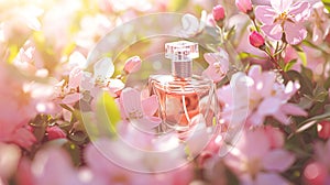 Perfume bottle in flowers, fragrance on blooming background, floral scent and cosmetic product