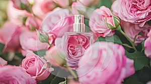 Perfume bottle in flowers, fragrance on blooming background, floral scent and cosmetic product