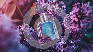 Perfume bottle in flowers, fragrance on blooming background, floral scent and cosmetic product