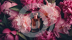 Perfume bottle in flowers, fragrance on blooming background, floral scent and cosmetic product