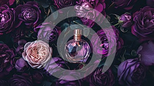 Perfume bottle in flowers, fragrance on blooming background, floral scent and cosmetic product