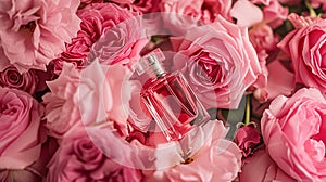 Perfume bottle in flowers, fragrance on blooming background, floral scent and cosmetic product