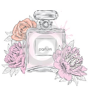 Perfume bottle and flowers. Vector . Perfume bottle and flowers photo