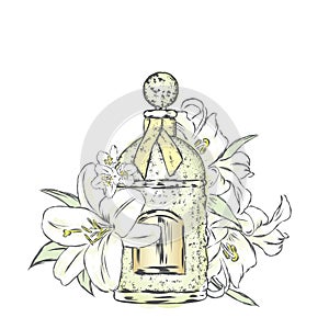 Perfume bottle and flowers. Vector. Print on a postcard,