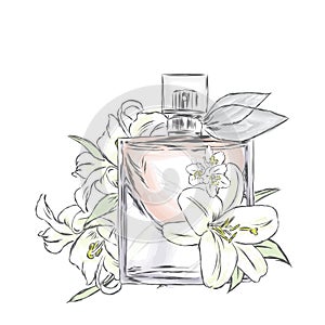 Perfume bottle and flowers. Vector . Print on a postcard, poster or clothing.