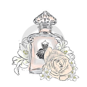 Perfume bottle and flowers. Vector . Print on a postcard, poster or clothing.