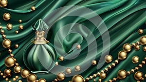 A perfume bottle on a folded olive green silk fabric background, with golden pearls, is a cosmetic ad for perfume