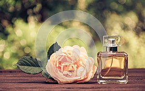 A perfume bottle and a fragrant yellow rose. Natural perfume in a square bottle on a green blurred background.