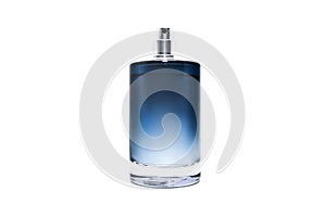Perfume bottle full of blue liquid isolated on white background. Fragrance for man. perfume concept