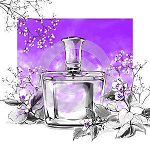 Perfume bottle glass fragrance watercolor illustration, fashion