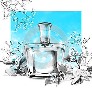 Perfume bottle glass fragrance watercolor illustration, fashion sketch, art print