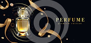 Perfume bottle and gold ribbon on black background