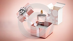 Perfume bottle inside elegant giftbox. 3D illustration