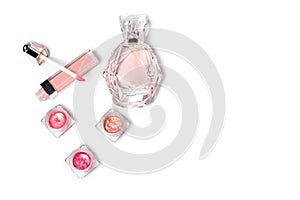 Perfume bottle, lipsticks. Fashion woman still life. Pop female things on white background.