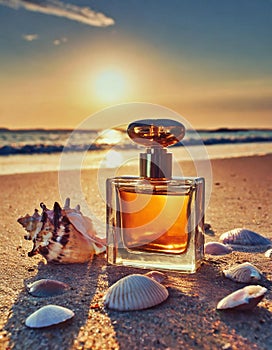 Perfume bottle mockup on sand on beach, elegance perfumery