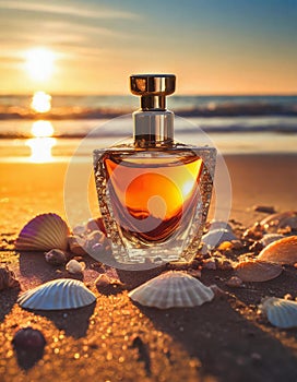 Perfume bottle mockup on sand on beach, elegance perfumery