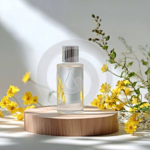 Perfume bottle mockup on wooden podium with yellow flowers. 3d illustration photo