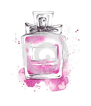 Perfume bottle pink glass fragrance watercolor illustration, fashion sketch, art print