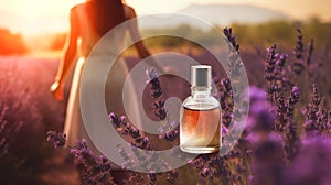 A perfume bottle is placed amidst a beautiful lavender field