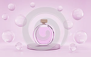 Perfume bottle on podium with clear water drops or air bubbles, mock up banner. Glass round container with pink liquid