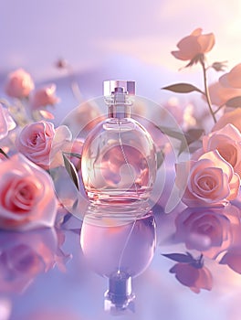 Perfume bottle with roses on purple hue