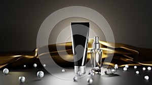 Perfume bottle on silk gold fabric with pearls, glass spray of essence, beard oil, hair serum, black tube cream and
