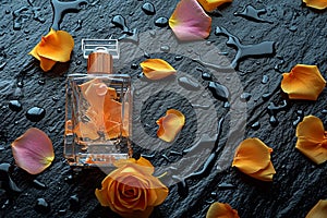 Perfume bottle standing on dark wet stones among orange flower petals