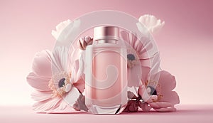 Perfume bottle surrounded with flowers for a beautiful and luxurious beauty product showcase and presentation