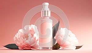 Perfume bottle surrounded with flowers for a beautiful and luxurious beauty product showcase and presentation