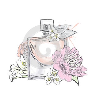 Perfume bottle vector. Trendy print.