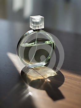 Perfume bottle on a wooden table with sun light