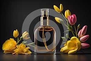 Perfume bottle with yellow tulips on a dark background. generative ai