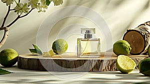 perfume bottles arranged on a wooden podium, accented by lime flowers, against a soothing beige background.