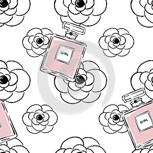 Perfume bottles with camellia flowers background. Fragrance bottle seamless pattern. Hand drawn perfumery illustration. Fashion be