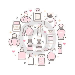 Perfume bottles circle poster with line icons. Vector illustration included icon as glass sprayer, luxury parfum sampler