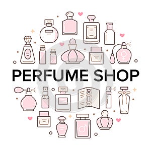 Perfume bottles circle poster with line icons. Vector illustration included icon as glass sprayer, luxury parfum sampler