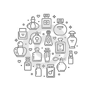 Perfume bottles circle poster with thin line icons. Vector illustration included icon as glass sprayer, parfum sampler