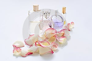 Perfume bottles with flower petals on light background. Perfumery, fragrance collection. Women accessories.