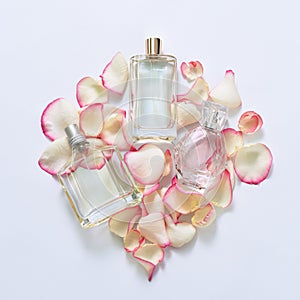 Perfume bottles with flower petals on light background. Perfumery, fragrance collection. Women accessories.