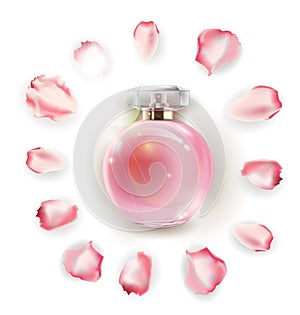 Perfume bottles and flower rose, petals and pearls. 3D illustration. Vector
