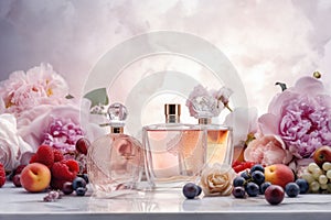 Perfume bottles, flowers and fruits on light background. Generative AI