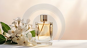 Perfume bottles with flowers jasmine with copy space