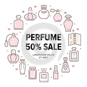 Perfume bottles frame poster with line icons. Vector illustration included icon glass sprayer, luxury parfum sampler