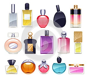 Perfume bottles icons set vector illustration. Eau de parfum.