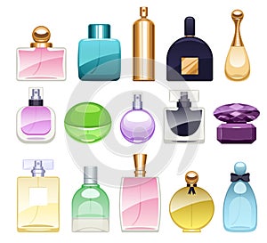 Perfume bottles icons set vector illustration. Eau de parfum.