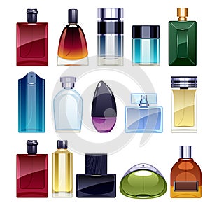 Perfume bottles icons set vector illustration. Eau de parfum.